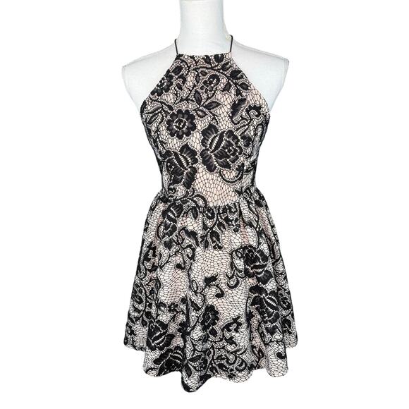 Bebe Women's Lace A Line Halter Cocktail Dress Size 2 Black Nude - Picture 1 of 16